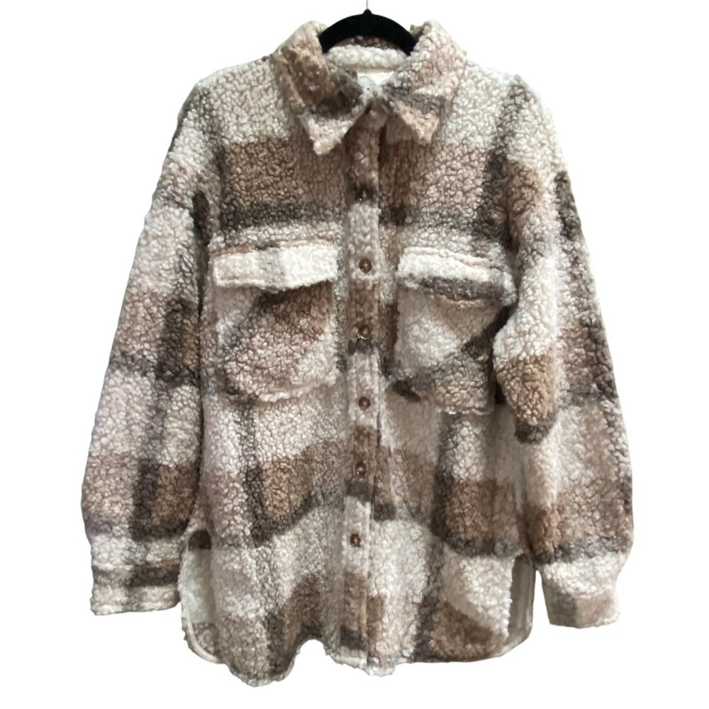 Plaid Teddy Sherpa Shacket Wm Sz M Brown Shirt Jacket Oversized Country Western